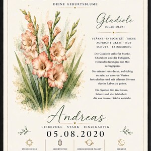 May include: A decorative poster featuring a watercolour illustration of pink gladiolus flowers. The text includes the name Andreas, the birth date 05.08.2020, and details about the birth month August, including birth flower, zodiac sign, birthstone, planet, and element.