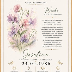 May include: A framed print featuring a watercolour illustration of purple and pink sweet pea flowers. The text includes the month April, the name Josefine, the date 24.04.1986, and astrological details including Taurus, diamond, Venus, and earth.