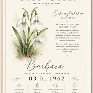May include: A framed wall art print featuring a watercolour illustration of white snowdrop flowers. The text includes the month January, the name Barbara, the birth date 03.01.1962, and details about birth flowers, zodiac signs, and birthstones.