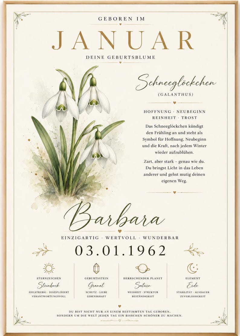 May include: A framed wall art print featuring a watercolour illustration of white snowdrop flowers. The text includes the month January, the name Barbara, the birth date 03.01.1962, and details about birth flowers, zodiac signs, and birthstones.