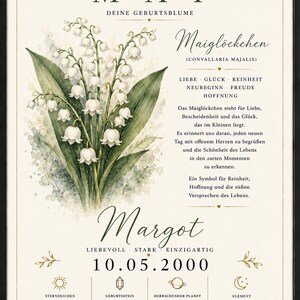 May include: A framed poster featuring a watercolour illustration of lily of the valley flowers. The text includes 'GEBOREN IM MAI', 'Maigl&ouml;ckchen', the name 'Margot', the date '10.05.2000', and details about zodiac signs, birthstones, planets, and elements.