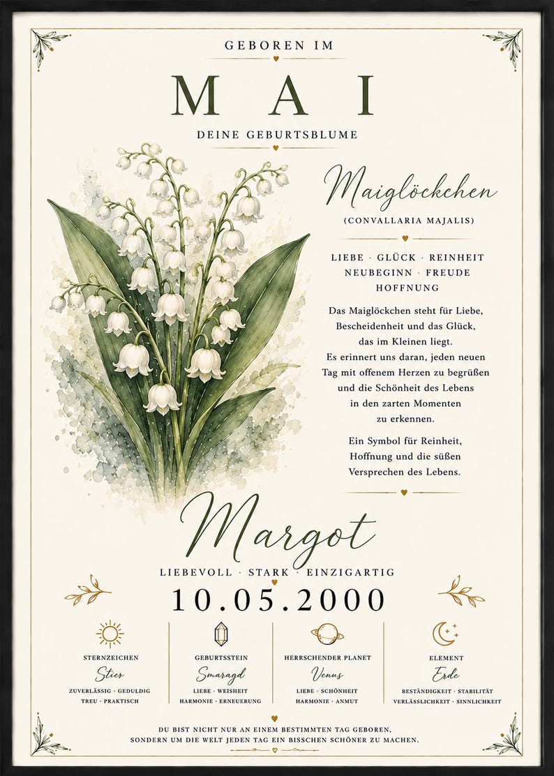 May include: A framed poster featuring a watercolour illustration of lily of the valley flowers. The text includes 'GEBOREN IM MAI', 'Maigl&ouml;ckchen', the name 'Margot', the date '10.05.2000', and details about zodiac signs, birthstones, planets, and elements.