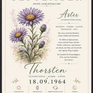 May include: A framed poster titled SEPTEMBER featuring a watercolour illustration of purple Aster flowers. The text includes the name Thorsten, the date 18.09.1964, and details about birth flowers, zodiac signs, birthstones, planets, and elements in German.