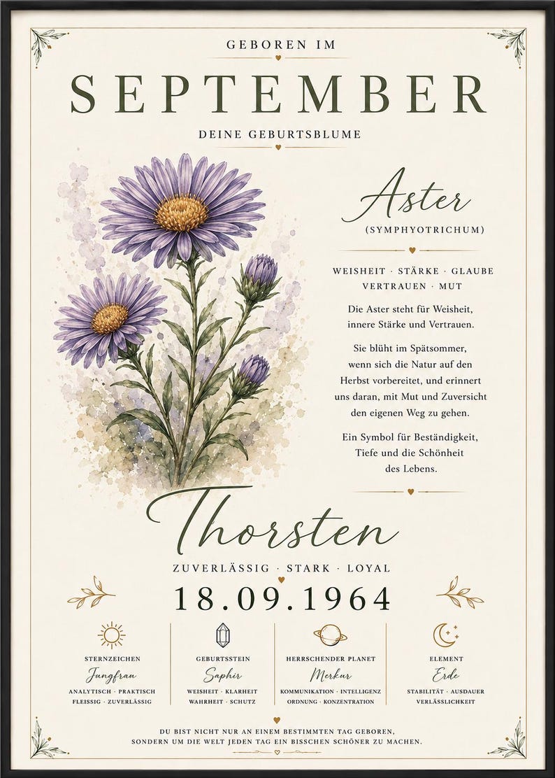 May include: A framed poster titled SEPTEMBER featuring a watercolour illustration of purple Aster flowers. The text includes the name Thorsten, the date 18.09.1964, and details about birth flowers, zodiac signs, birthstones, planets, and elements in German.