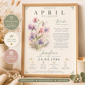 May include: A framed wall art print featuring a watercolour illustration of purple and pink sweet pea flowers. The text includes the month April, the name Josefine, the date 24.04.1986, and German descriptions of birth flower meanings, zodiac, and planet.