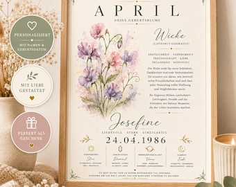 May include: A framed wall art print featuring a watercolour illustration of purple and pink sweet pea flowers. The text includes the month April, the name Josefine, the date 24.04.1986, and German descriptions of birth flower meanings, zodiac, and planet.