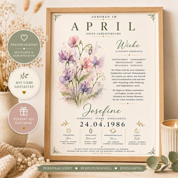 Geburtsblume Poster personalisiert - April | Name, Geburtsdatum & Bedeutung | Einzigartiges Geschenk für Mama, Freundin, Baby oder Familie
