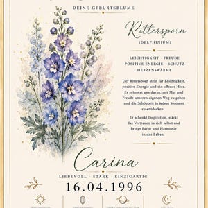 May include: A framed print featuring a watercolour illustration of blue delphinium flowers. The text includes 'GEBOREN IM JULI', 'Rittersporn', 'Carina', '16.04.1996', and details about zodiac signs, birthstones, planets, and elements in German.