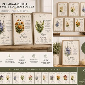May include: A collection of personalised birth flower posters featuring botanical illustrations, names, and dates. The designs include text in German such as 'PERSONALISIERTE GEBURTSBLUMEN POSTER' and '12 MONATE - 12 WUNDERSCH&Ouml;NE GEBURTSBLUMEN', displayed in various framed arrangements and digital layouts.
