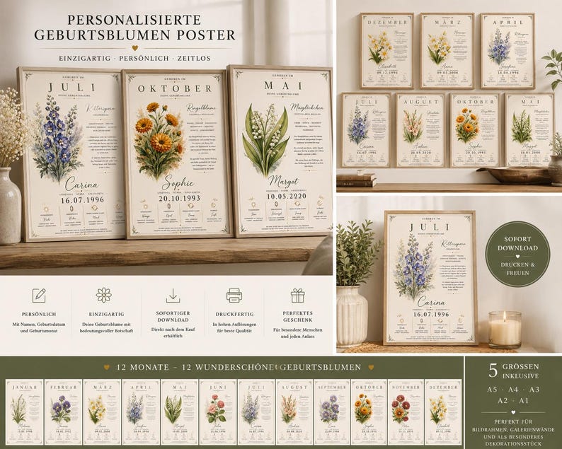 May include: A collection of personalised birth flower posters featuring botanical illustrations, names, and dates. The designs include text in German such as 'PERSONALISIERTE GEBURTSBLUMEN POSTER' and '12 MONATE - 12 WUNDERSCH&Ouml;NE GEBURTSBLUMEN', displayed in various framed arrangements and digital layouts.
