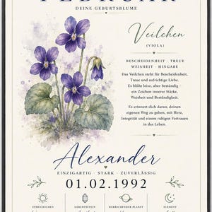 May include: A framed poster featuring a watercolour illustration of purple violet flowers. The text includes the month February, the name Alexander, the birth date 01.02.1992, and various astrological details including zodiac sign, birthstone, planet, and element.