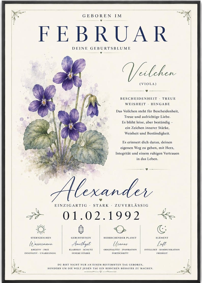 May include: A framed poster featuring a watercolour illustration of purple violet flowers. The text includes the month February, the name Alexander, the birth date 01.02.1992, and various astrological details including zodiac sign, birthstone, planet, and element.