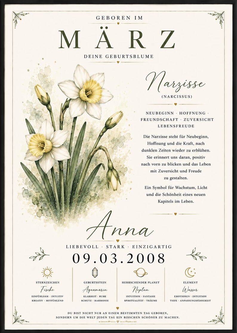 May include: A framed wall art print featuring a watercolour illustration of white and yellow narcissus flowers. The text includes the month March, the name Anna, the birth date 09.03.2008, and details about birth flowers, birthstones, and zodiac signs.