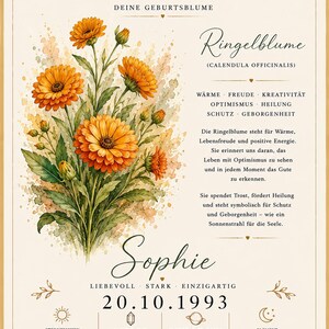 May include: A decorative poster featuring a watercolour illustration of orange calendula flowers. The text includes the month October, the name Sophie, the date 20.10.1993, and details about the birth flower, zodiac sign Libra, opal birthstone, Venus, and the element air.