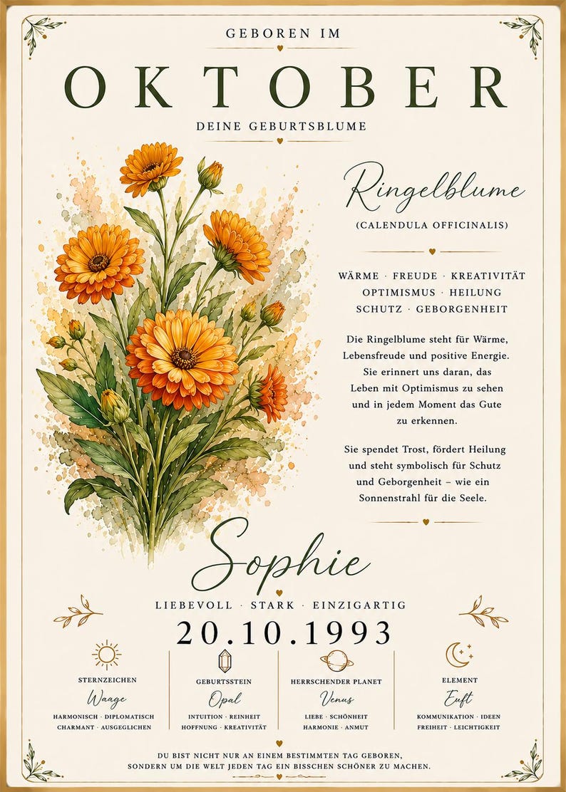 May include: A decorative poster featuring a watercolour illustration of orange calendula flowers. The text includes the month October, the name Sophie, the date 20.10.1993, and details about the birth flower, zodiac sign Libra, opal birthstone, Venus, and the element air.
