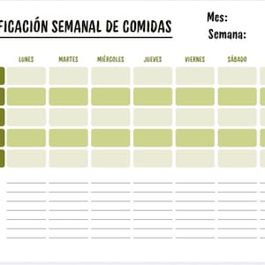 Puede incluir: Un planificador semanal de comidas en español, con secciones para cada día y horarios de comidas. Incluye una sección de lista de compras con un cuenco de fruta. El título es 'PLANIFICACIÓN SEMANAL DE COMIDAS'.