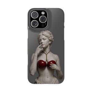 May include: A dark gray phone case featuring a classical stone-textured bust of a person with an updo hairstyle. The figure wears a thin gold-colored necklace connected to two large, glossy, deep red cherry-shaped ornaments over the chest area.