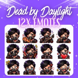 Puede incluir: Gráfico púrpura con el texto "Dead by Daylight 12X EMOTES". La imagen presenta 12 emoticonos de dibujos animados de un personaje con cabello negro, una máscara facial y varias expresiones, como saludar, comer pizza y tocar la guitarra.