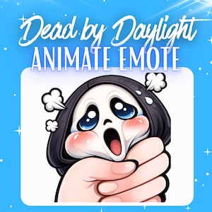 May include: An animated emote from the game Dead by Daylight. The image features a cartoon character with a white face, black hood, and large blue eyes, expressing shock. The character is being held by a hand, with the text "Dead by Daylight ANIMATE EMOTE" above.