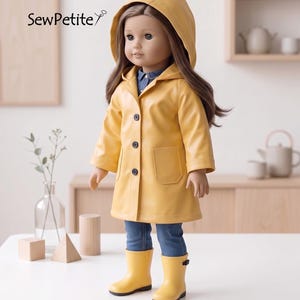 May include: A doll with long brown hair wearing a yellow hooded raincoat with three black buttons and two front pockets, blue trousers, and yellow rain boots. The text SewPetite is visible in the upper left corner of the image.