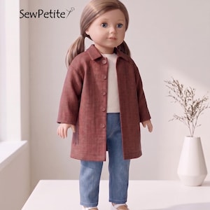 May include: A doll with brown hair in pigtails wearing a long-sleeved, button-down, rust-colored coat over a plain white shirt and blue denim pants. The doll wears white shoes with a strap. The text SewPetite is visible in the upper left corner.