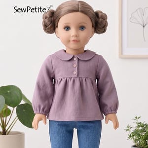 Patrón de costura en PDF para blusa de muñeca de 45 cm / Blusa Janice con cuello Peter Pan / Tutorial de prenda en miniatura con top fruncido / Conjunto para muñeca de 45 cm
