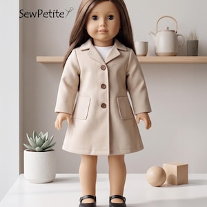 May include: A doll with long brown hair wearing a beige coat with three brown buttons and two front pockets over a white shirt. The doll wears black Mary Jane shoes. The text SewPetite is visible in the upper left corner of the image.
