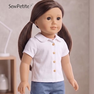 May include: A doll with brown hair styled in two low pigtails, wearing a short-sleeved white collared shirt with four small wooden buttons down the front and blue trousers. The text SewPetite is visible in the upper left corner of the image.