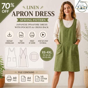Könnte beinhalten: Olivgrünes Leinen-Schürzenkleid mit Taschen und gekreuztem Rücken im japanischen Stil. Das Bild zeigt ein Schnittmuster mit Sofort-Download, PDF-Muster, Druck zu Hause und Tutorial-Optionen. Größen XS-4XL verfügbar.