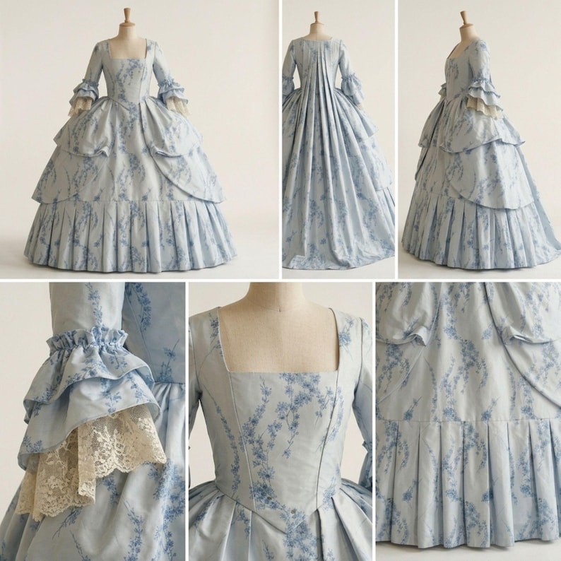 May include: A light blue gown with a floral pattern, featuring a square neckline, fitted bodice, and full skirt with pleated hem. The sleeves have tiered ruffles and cream-coloured lace trim. The back displays a pleated train and structured silhouette.