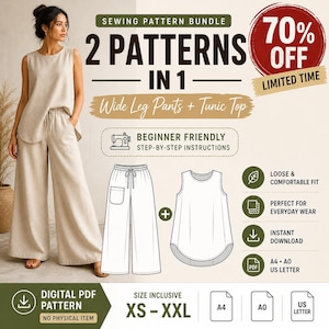 May include: A sewing pattern bundle for wide-leg trousers and a tunic top. The image shows a woman wearing the outfit. The pattern is beginner-friendly, available in sizes XS-XXL, and includes step-by-step instructions. The digital PDF pattern offers a loose and comfortable fit.