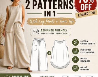Women's Wide Leg Pants Tunic Top Sewing Pattern Bundle (Digital Download)