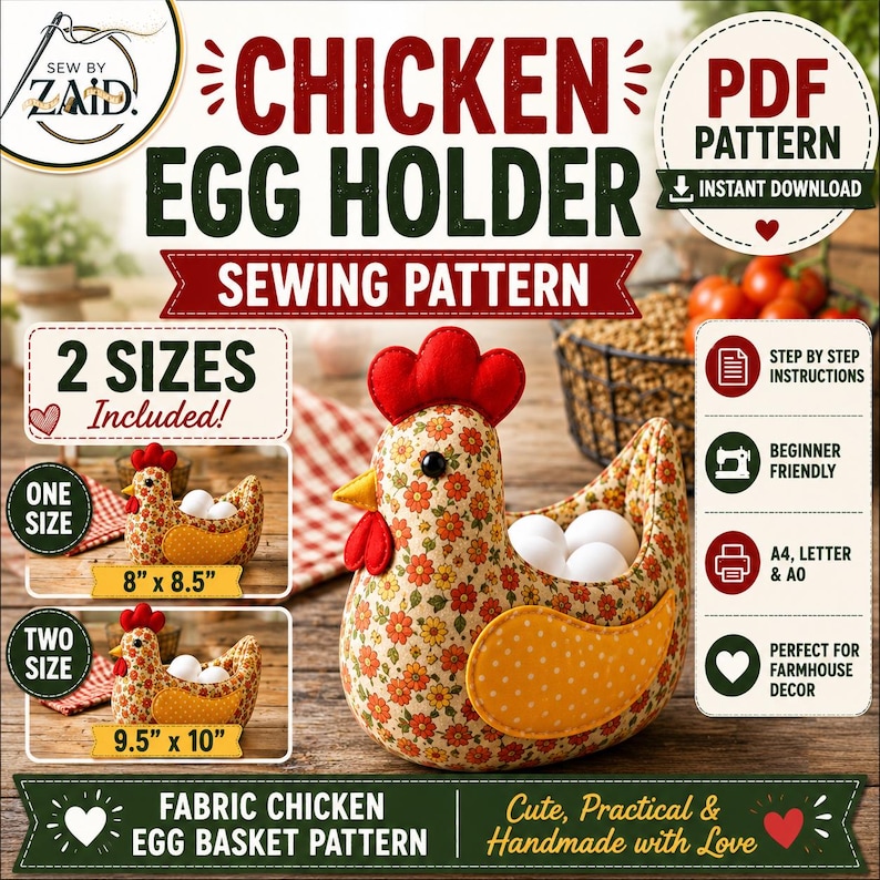 K&ouml;nnte beinhalten: Ein Schnittmuster f&uuml;r einen H&uuml;hner-Eierhalter aus Stoff mit floralem Muster, rotem Kamm und Kehllappen sowie gelben Fl&uuml;geln mit Punkten. Der Text umfasst CHICKEN EGG HOLDER, SEWING PATTERN, 2 SIZES INCLUDED, 8" x 8.5", 9.5" x 10" und PDF PATTERN.