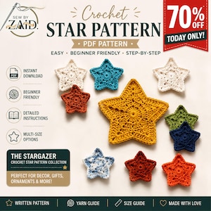May include: A variety of colorful crochet star patterns in shades of yellow, blue, orange, and white. The image includes text that reads "Crochet Star Pattern" and "The Stargazer Crochet Star Pattern Collection". The image also includes a red banner that reads "70% off today only!"