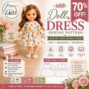May include: A doll wearing a long-sleeved dress with a colorful pattern. The image is an advertisement for a doll dress sewing pattern, with text that reads "Doll Dress Sewing Pattern" and "Easy to Sew!"