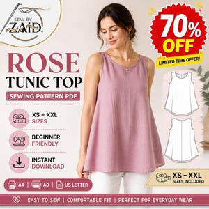 May include: A woman wearing a rose-colored tunic top. The image promotes a sewing pattern PDF for a tunic top, with text indicating XS-XXL sizes, beginner-friendly instructions, and instant download. A red banner indicates a 70% off limited time offer.