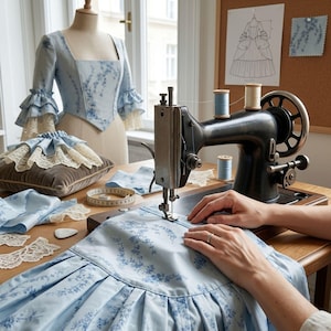 May include: A vintage black sewing machine stitching light blue fabric with a floral pattern. Nearby are a dress form wearing a matching bodice, a beige velvet cushion with lace, spools of thread, a measuring tape, and a white sketch.