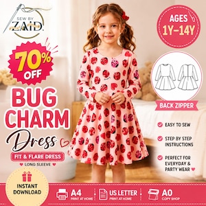 Naaipatroon meisjesjurk met torso (pdf) | Fit & Flare-jurk met lange mouwen | Patroon jurk voor peuters en kinderen | Maten 1Y-14Y
