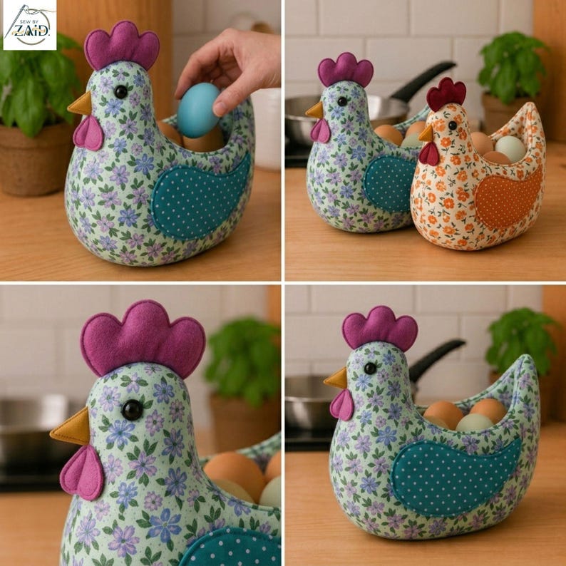 K&ouml;nnte beinhalten: Ein Eierhalter aus Stoff in H&uuml;hnerform mit hellblauem Grund und violett-gr&uuml;nem Blumenmuster, einem violetten Filzkamm, einem gelben Schnabel und einem t&uuml;rkisfarbenen Fl&uuml;gel mit wei&szlig;en Punkten. Im Inneren befinden sich braune und blaue Eier.