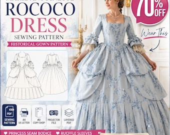 Women's Rococo Dress Sewing Pattern PDF | XXS-5XL | Marie Antoinette Ball Gown Pattern | Historical Costume | A4 US Letter A0