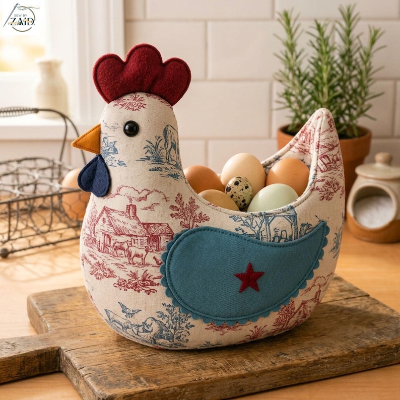 K&ouml;nnte beinhalten: Ein Stoffkorb in H&uuml;hnerform mit cremefarbenem Grund und einem rot-blauen Toile-Druck von Bauernhofszenen. Das Huhn hat einen roten Filzkamm, einen gelben Schnabel, einen blauen Kehllappen und einen blauen Filzfl&uuml;gel mit rotem Stern-Applikat.
