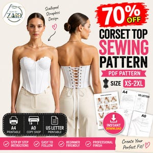 Peut inclure: Un patron de couture pour haut corset blanc sans bretelles avec un décolleté festonné et un laçage au dos. Le PDF numérique comprend des instructions et des modèles imprimables aux formats A4, US Letter et A0 pour les tailles XS à 2XL.