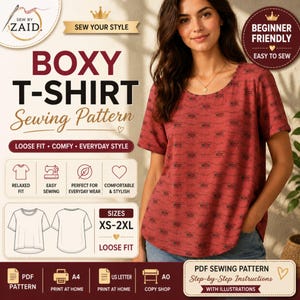 May include: A red boxy t-shirt sewing pattern with the text "Boxy T-Shirt Sewing Pattern" and "Loose Fit, Comfy, Everyday Style". The pattern includes sizes XS-2XL and is beginner friendly. The image also shows a woman wearing the t-shirt.