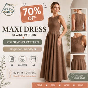May include: A brown maxi dress sewing pattern with a 70% off promotion. The pattern is beginner-friendly and available in sizes EU 34-46 and US S-2XL. The image includes a model wearing the dress and additional detail views.