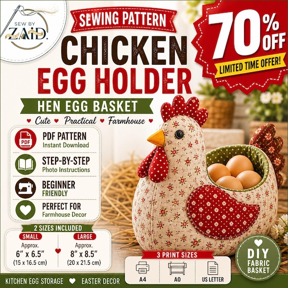 Chicken Egg Holder Sewing Pattern, Hen Egg Basket DIY Fabric Craft (PDF Download)