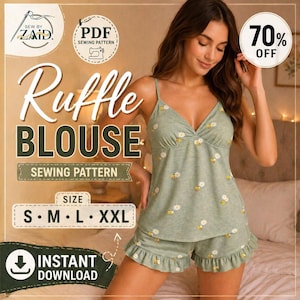 May include: A woman in a light green camisole and shorts set decorated with daisies and bees. The image features text reading "Ruffle Blouse Sewing Pattern" and "Instant Download". Sizes available: S, M, L, and XXL.