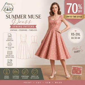 以下が含まれることがあります： ピンクの花柄ドレスを着た女性。画像には「SUMMER MUSE DRESS SEWING PATTERN」と「70% OFF LIMITED TIME OFFER!」というテキストが含まれています。ドレスのパターンはXS-2XL、EU 34-44のサイズで利用できます。