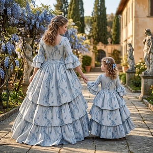 May include: Two matching dresses in light blue with a dark blue floral pattern. Each dress features a square neckline, three-quarter length tiered ruffled sleeves, and a full, floor-length skirt with multiple horizontal tiers of fabric.