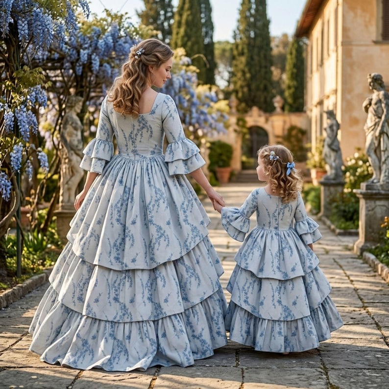 May include: Two matching dresses in light blue with a dark blue floral pattern. Each dress features a square neckline, three-quarter length tiered ruffled sleeves, and a full, floor-length skirt with multiple horizontal tiers of fabric.