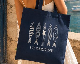Canvas katoenen draagtas | Cadeau voor sardineliefhebbers | Strand, kust, marineblauw | Vintage sardineprint